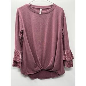 Emerald Mauve Twist Front Top Leopard Burnout Ruffle Sleeve Boho Small